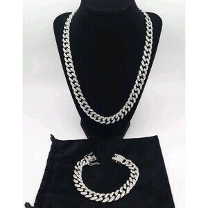 Platinum Plated Iced Out Bling CZ Diamond Cut Cuban Link Chain Necklace Bracelet